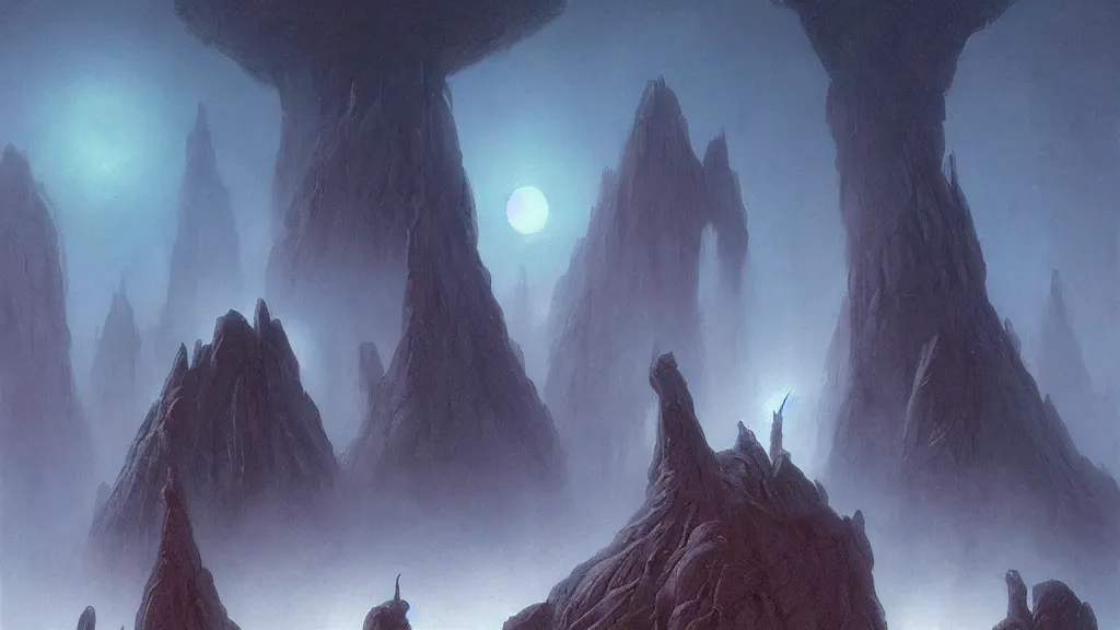 Image similar to eerie atmospheric alien planet by les edwards and vincent di fate and anato finnstark, epic cinematic matte painting