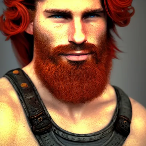 Prompt: portrait of a ruggedly handsome!!!!! male ship captain with long red hair!!!!!!, 30 years old, upper body, wavey hair, muscular, friendly, playful, D&D, hairworks, Unreal 4, fantasy, elegant, highly detailed, digital painting, hairworks, deviantart, artstation, concept art, sharp focus, dramatic lighting, illustration, art by Artgerm and Greg Rutkowski and Alphonse Mucha