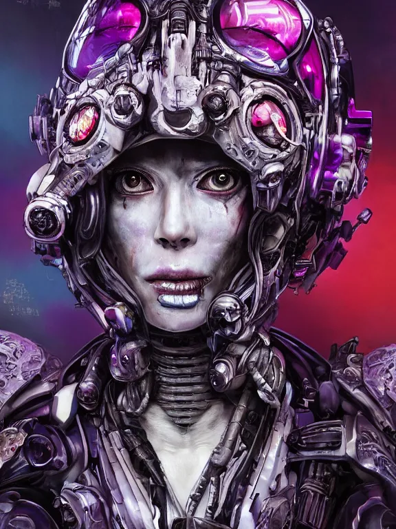 Image similar to portrait art of 8k ultra realistic undead corrupted ghost in the shell, intricate high tech helmet , detailed intricate ornate space suit,decaying, cybernetic, full of colour, cinematic lighting, battered, trending on artstation, 4k, hyperrealistic, focused, extreme details,unreal engine 5, cinematic, masterpiece, art by ayami kojima, giger