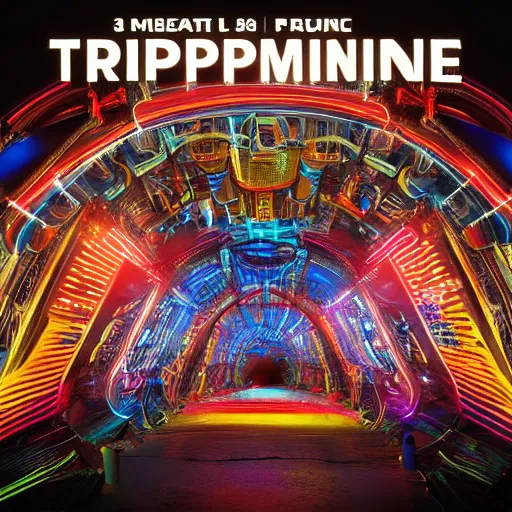 Image similar to album cover, album is called tripmachine,, a huge futuristic steampunk machine made of guitars and drums and pianos, connected with glowing tubes 8 k, fluorescent colors, halluzinogenic, multicolored, exaggerated detailed, front shot, 3 d render, octane