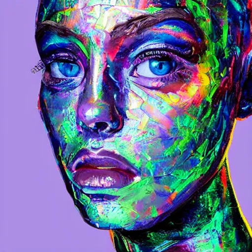 Prompt: a holographic human robotic head made of glossy iridescent, Face, Palette Knife Painting, Acrylic Paint, Dried Acrylic Paint, Dynamic Palette Knife Oil Paintings, Vibrant Palette Knife Portraits Radiate Raw Emotions, Full Of Expressions, Palette Knife Paintings by Francoise Nielly, Beautiful, Beautiful Face, surrealistic 3d illustration of a human face non-binary, non binary model, 3d model human, cryengine, made of holographic texture, holographic material, holographic rainbow, concept of cyborg and artificial intelligence