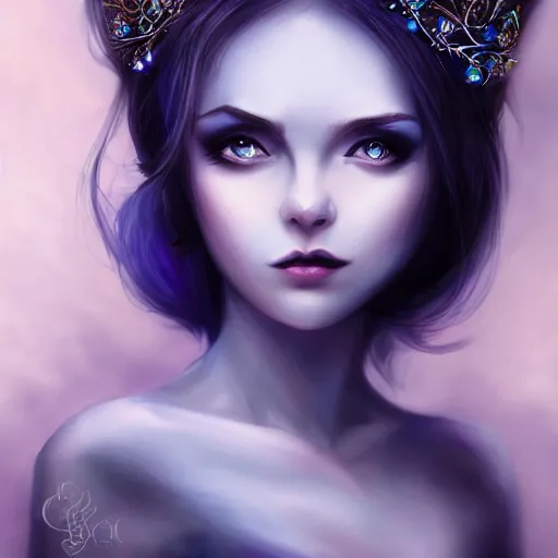 Image similar to detailed portrait of a dark fairy queen, crown, pixie, iris, realism, pale blue, emerald, galaxy, sapphire,dark purple crown,leaves, moonlit, dark fantasy, dramatic lighting, cgsociety, artstation