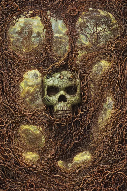 Image similar to Floating skull shaped island made of vines and earthart by visionary artist peter gric in hyperdetailed surreal fantastic style. Floating skull by hannah yata in visionary-psychedelic style earthart skull generative artwork by midjourney. Spiritual shamanic artifact skull decorated with gems and gold by billelis polished ominous photorealistic mysterious intricate hyperdetailed galactic expansive ethereal elemental detailed complex Earthart skull collage generated in discodiffusion or dall-e2 trending on Artstation hyperdetailed 8k resolution concept art 64 megapixels 8K resolution depth of field DSLR subtractive lighting tilt-shift wide-angle lens Skull made of smaller skulls made of smaller skulls surrealist fractal art gigapixel resolution 8K 3D | CGSociety | volumetric light | lightrays | smoke | cinematic | atmospheric | octane render | insanely detailed and intricate | hypermaximalist | elegant | ornate | luxury | elite | Floating skull hyperdetailed insanely complex artwork by psikodelicious art & design | gigapixel render | visions of chaos | midjourney | discodiffusion | complex hyperdetailed fantastic realism artwork made with dall-e2