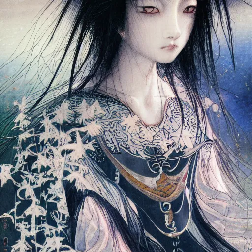 Image similar to yoshitaka amano blurred and dreamy realistic illustration of a young japanese woman with black eyes, wavy white hair fluttering in the wind wearing elden ring armor with engraving, abstract patterns in the background, satoshi kon anime, noisy film grain effect, highly detailed, renaissance oil painting, weird portrait angle, blurred lost edges, three quarter view