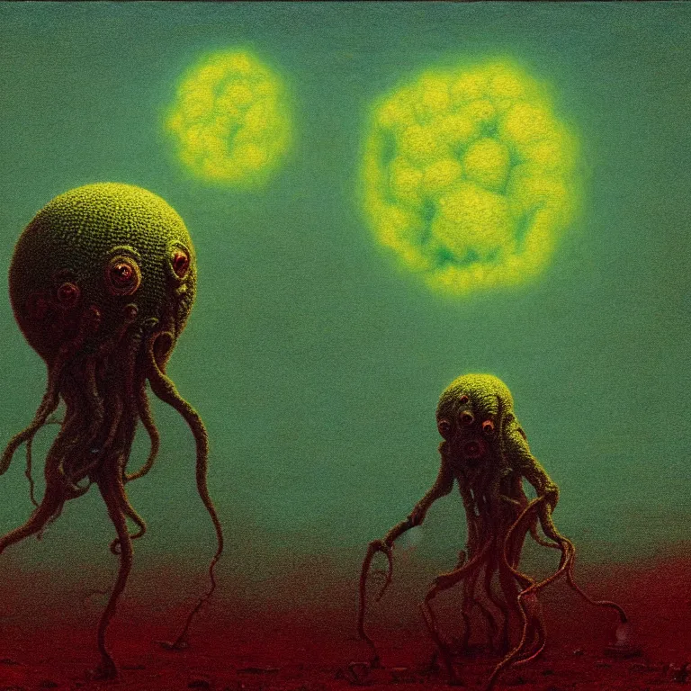 Image similar to a cinematic scene tennis ball monster from the cthulhu in nevada test side, lovecraft, concept art by beksinski and jean delville, dramatic lighting, ultra hd, hdr, 8 k