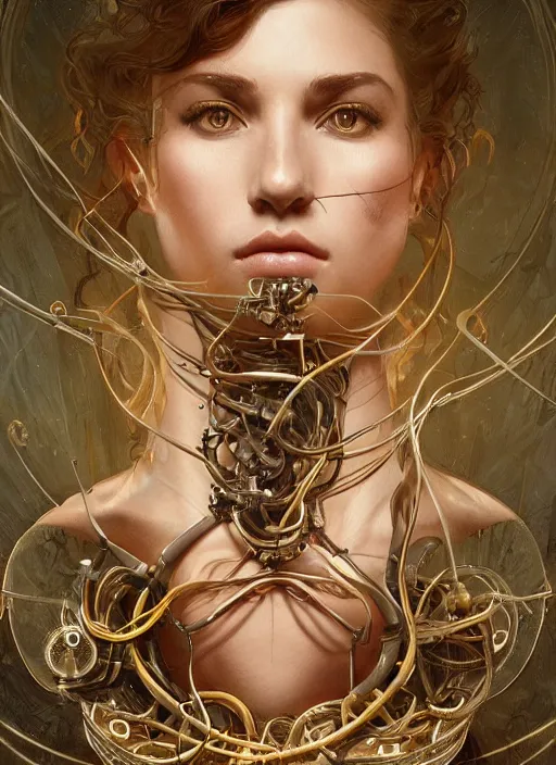 Prompt: symmetry! gabbie carter, machine parts embedded into face, tubes and cables, intricate, elegant, highly detailed, digital painting, artstation, concept art, smooth, clockwork, sharp focus, illustration, metart, art by artgerm and greg rutkowski and alphonse mucha, 8 k