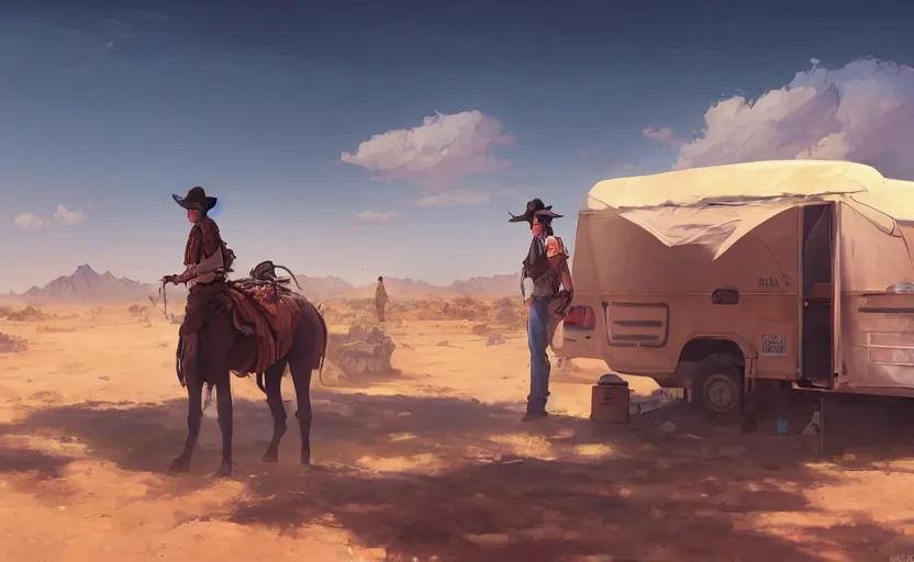 Prompt: a scene of a camper in the desert, a cowboy in the foreground looking epic, full shot, atmospheric lighting, detailed faces, by makoto shinkai, stanley artgerm lau, wlop, rossdraws