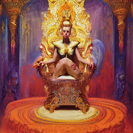 Image similar to Realistic painting of beautiful high cosmic magic fantasy priestess woman in detailed ornate costume, sitting on a throne in a throne room in a palace dramatic lighting, high-detailed oil painting by Ilya Repin, William Blake, Michelangelo da Caravaggio, Alex Grey and Beksinski, masterpiece, 4k