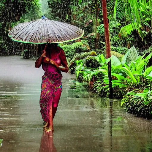 Prompt: monsoon on tropical island, oriental woman, ornate, beautiful, atmosphere, vibe, mist, coconuts, rain, wet, pristine, puddles, melting, dripping, snow, creek, lush, ice, bridge, forest, roses, flowers, by francis bacon