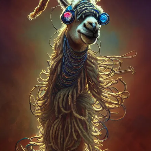 Prompt: llama with dreadlocks, heroic pose, industrial sci-fi, by Mandy Jurgens and Warhol, Ernst Haeckel, James Jean, artstation, concept art