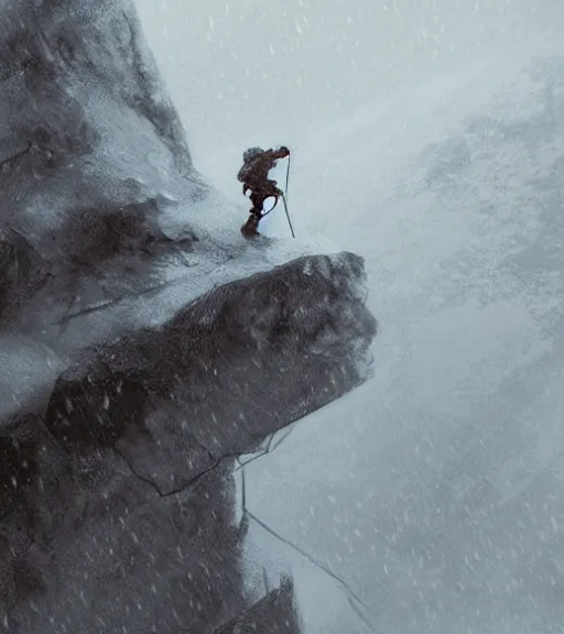 Image similar to a climber climbs a snowy mountain in a storm, portrait, close view, painting by craig mullins, octane rendering, soft morning lighting, wide angle lens, in the style of hayao miyazaki, trending on artstation,