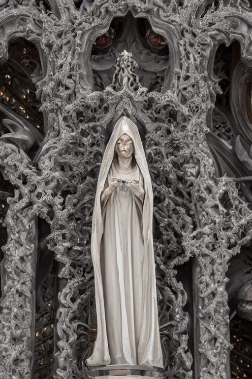 Prompt: a cinematic view of a ornated intricate gothic sacred statue of medieval maiden wizard made in light concrete, with few ornaments in shiny polished chrome, sculpted by hedi xandt and gaudi