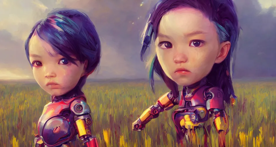 Image similar to a portrait of a chibi cyborg in a colorful field, by mandy jurgens and bayard wu and greg rutkowski, masterpiece, sharp focus, cinematic lightning, unreal engine, 8 k render