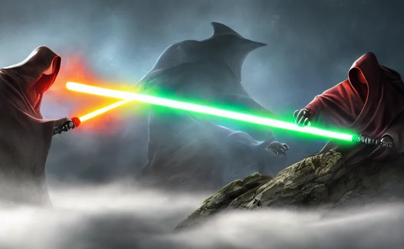 two hooded figures engaging in an epic lightsaber duel | Stable ...