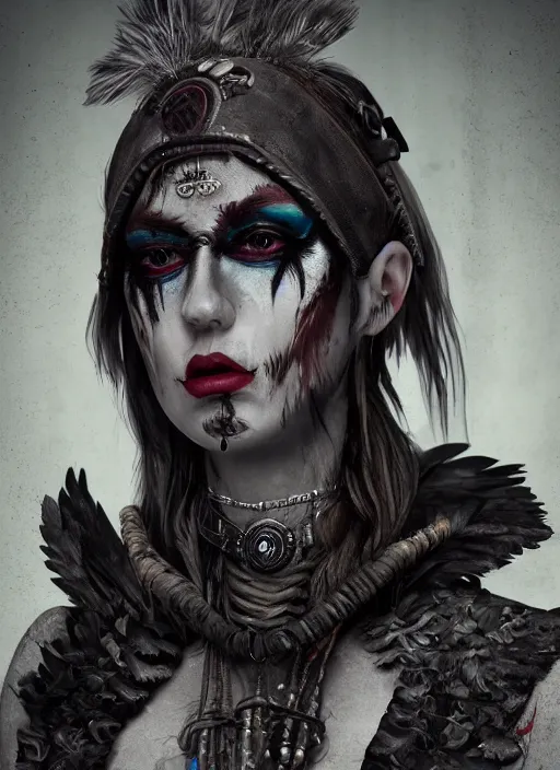 Prompt: digital art of a young woman in dark shamanistic ritual clothing accented by black feathers, dark ravenlike makeup on her face, post apocalyptic, dystopian, high resolution, highly detailed, fallout, raider, 4 k, artstation, dark lighting