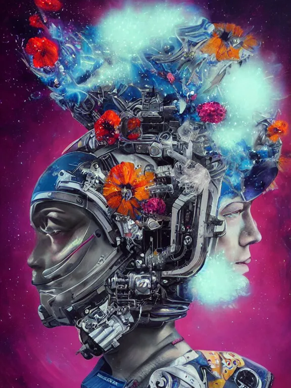 Image similar to art portrait of astronaut with flower exploding out of head,8k,by tristan eaton,Stanley Artgermm,Tom Bagshaw,Greg Rutkowski,Carne Griffiths,trending on DeviantArt,face enhance,hyper detailed,minimalist,cybernetic, android, blade runner,full of colour,