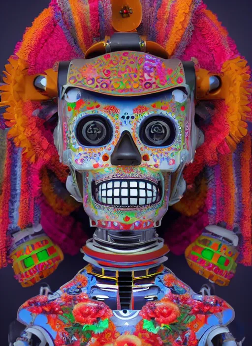 Prompt: a mexican robot in the day of the dead style, smiling, digital illustration, amazing detail, ray tracing, symmetric, 3 d render, inspired by deema egorov and sebastian jm, concept art, vibrant