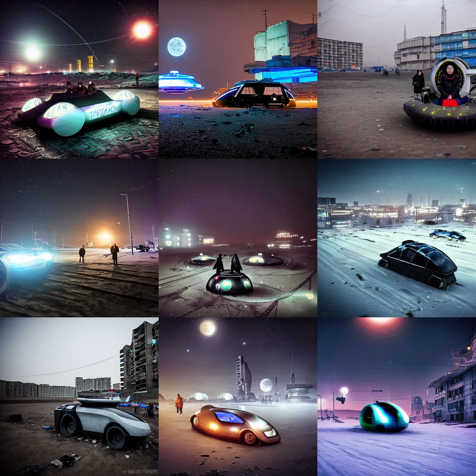 Prompt: people are driving hovercraft to work in a Russian cyberpunk slum city called Neo Norilsk on the Moon, at night, diverse, lively, black sky full of stars, blinding sun, sci-fi, lots of flying cars, levitation, cyberpunk outfits, photorealistic, grainy, 35mm, intricate, very very beautiful, elegant, smooth, cinematic, Unreal Engine 5, by Beeple, trending on Artstation HD