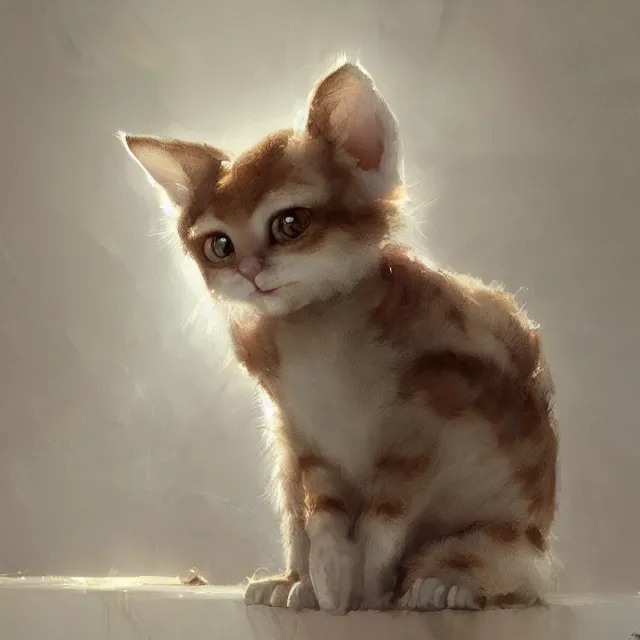 Prompt: a painting of a cute light beige kitten with brown ears and brown face and brown legs and brown tail. white paws. big eyes. character design by cory loftis, fenghua zhong, ryohei hase, ismail inceoglu and ruan jia. volumetric light, detailed, rendered in octane