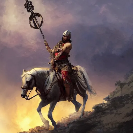 Image similar to gladiator mounted on horseback and carrying the flag of the cross of saint andrew on top of a hill, key art by craig mullins, bloom, dramatic lighting, cinematic, high details