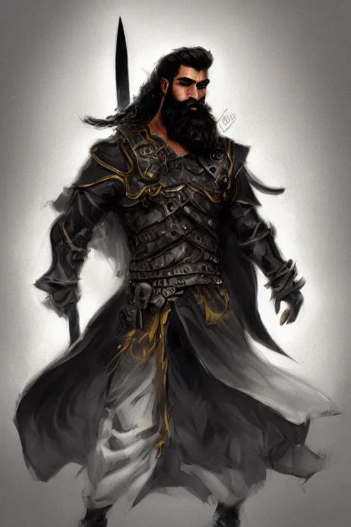 Image similar to Arab man light beard, curly hair, swordsman, modern, hero, leather , yellow and charcoal, character concept art, costume design, trending on artstation, Artgerm , WLOP