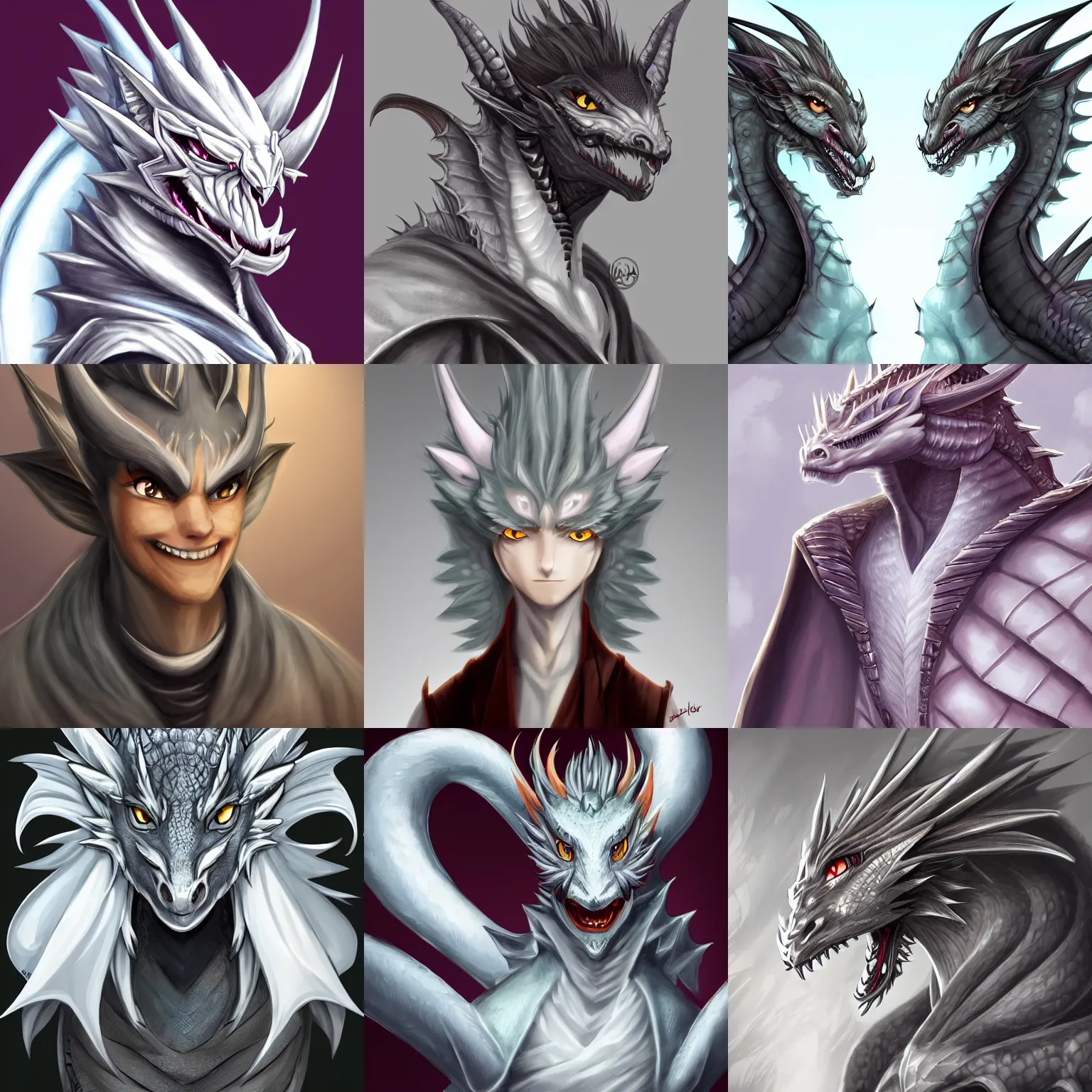 Prompt: very very beautiful half body side angle portrait of a handsome anthropomorphic silver dragon, soft delicate draconic features, cute eyes, evil grin, eyelashes, wearing a velvet robe, commission for, artstation, high quality digital art, warm colors