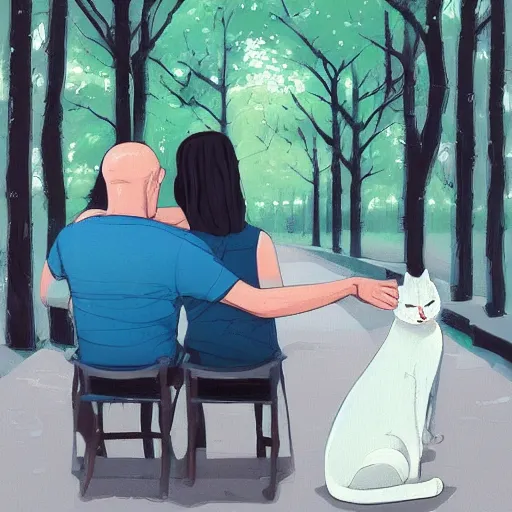 Image similar to a man and a woman sitting down with their white cat, the boy is bald with a brown baseball hat, the girl has short curly black hair, art by Alena Aenami