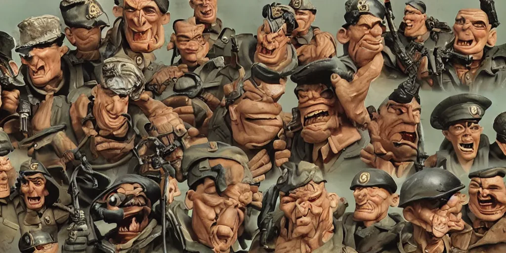 Image similar to small soldiers wwII, surrealism aesthetic, detailed facial expressions