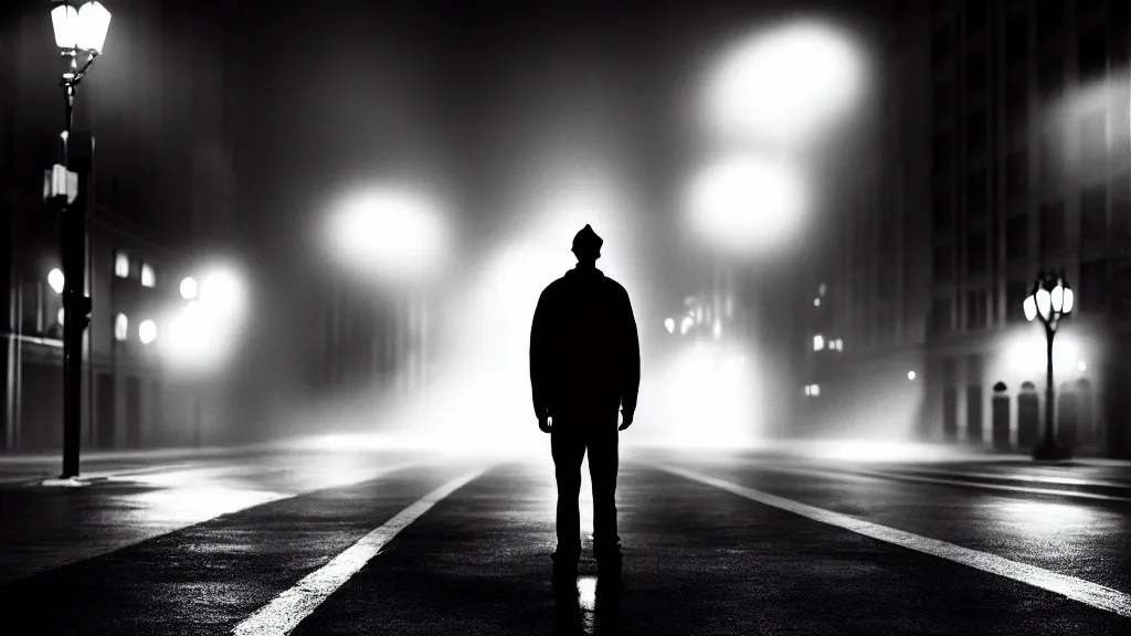 Image similar to a man is standing on the street under the lights, fog, volumetric lighting, mystique, atmospheric, sharp focus, ultra detailed, noir art house, 4 k, cinematic, 3 5 mm