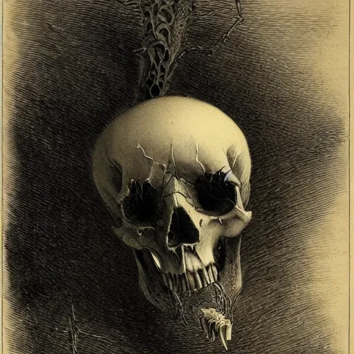 Image similar to a skull with incredibly long sharp teeth, detailed, cgi, dark atmosphere, horror, by gustave dore, by emil melmoth, trippy, epic, symmetrical - h 8 3 3