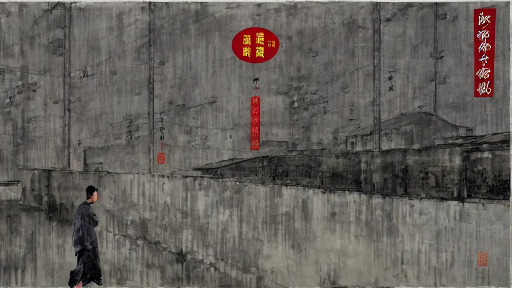 Prompt: a chinese prison near a river by peter doig, muted grey colors, overlaid with chinese adverts