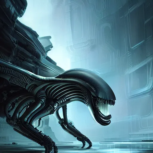 Prompt: small xenomorph, intricate, elegant, volumetric lighting, scenery, digital painting, highly detailed, artstation, sharp focus, illustration, concept art, luis rollo, mario feng, john berkey