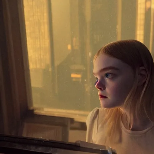 Prompt: Elle Fanning in dead space in the world of Edward Hopper, extremely detailed masterpiece, oil on canvas, low-key neon lighting, artstation, Blade Runner 2049, Roger Deakin’s cinematography, by J. C. Leyendecker and Peter Paul Rubens,