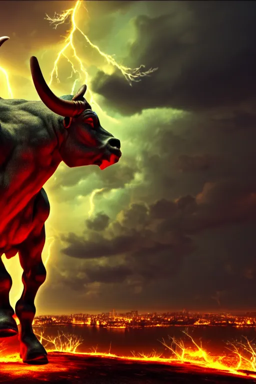 Prompt: photograph of a minotaur standing in front of a city on fire, photorealism, photo-realistic, 4k, highly detailed, octane render, dramatic lightning, by El Greco,