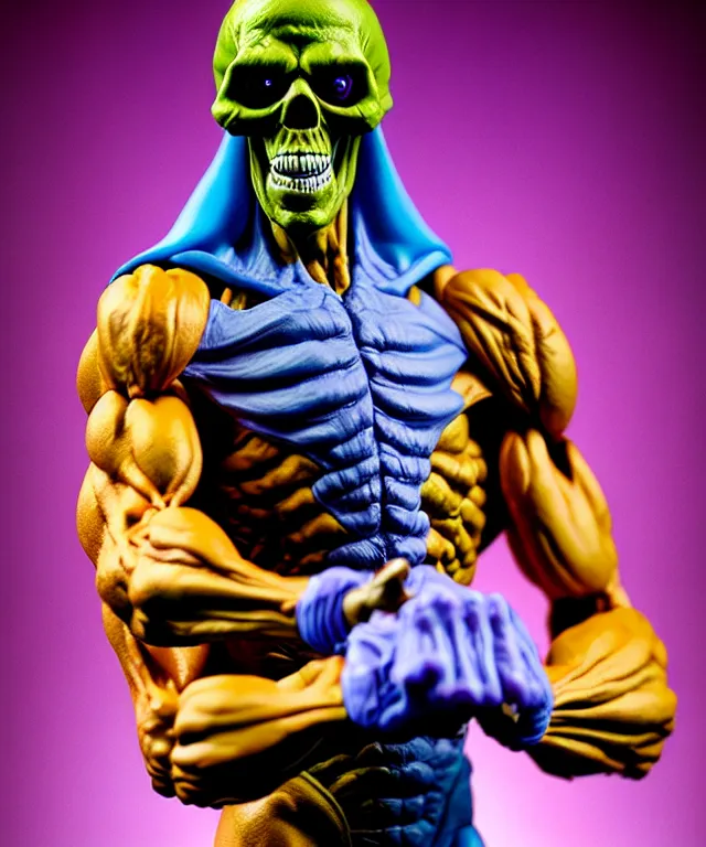 Image similar to hyperrealistic rendering, skeletor, by art of skinner and richard corben and jeff easley, product photography, action figure, sofubi, studio lighting, colored gels