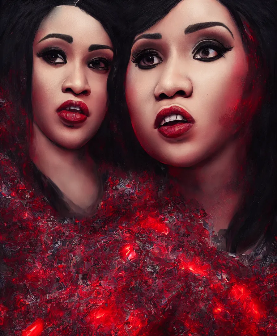 Image similar to hyper realistic cardi b, art by greg rutkowski, intricate, ultra detailed, photorealistic, black and red colors, trending on artstation, octane render, 4 k, 8 k