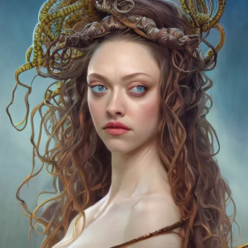 Image similar to Amanda Seyfried as Medusa, snakes for hair, olive skin, long dark hair, beautiful bone structure, intricate, elegant, highly detailed, digital painting, artstation, concept art, smooth, sharp focus, illustration, art by artgerm and greg rutkowski and alphonse mucha and Chris Achilleos