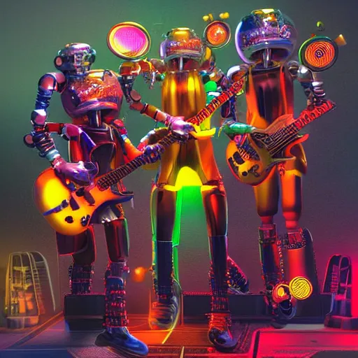 Prompt: album art, rockband with 3 dieselpunk robots playing guitar, robos rock, 8 k, flourescent colors, halluzinogenic, multicolored, exaggerated detailed, front shot, 3 d render, octane