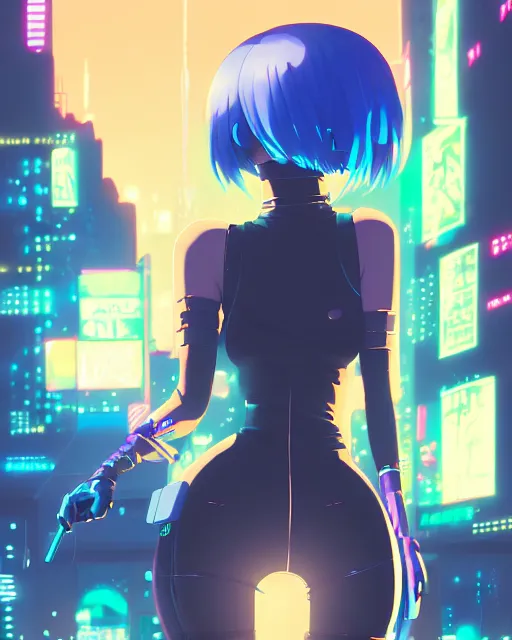 Image similar to digital illustration of cyberpunk pretty girl with blue hair, wearing a black dominatrix outfit, in city street at night, by makoto shinkai, ilya kuvshinov, lois van baarle, rossdraws, basquiat