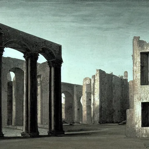 Prompt: an old ruin of a city with a soft hivernal light painting by de chirico