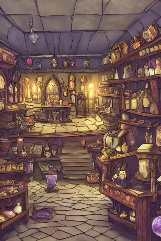 Image similar to inside a magical item shop, fantasy potion vendor interior, ufotable studio art style, wide angle, gothic interior