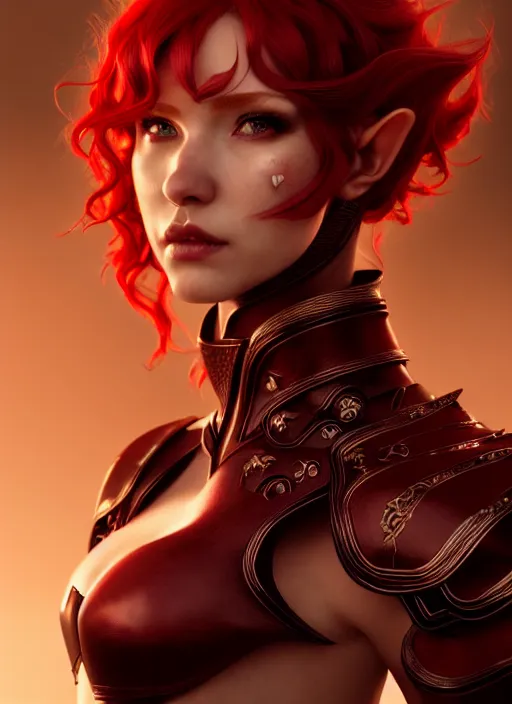 Image similar to leather armor!!! beautiful and elegant curly red hair female elf!! gorgeous ayes!! character concept art, sharp focus, octane render! unreal engine 5! highly rendered!! trending on artstation!! detailed linework!! illustration by artgerm, wlop, and chie yoshii