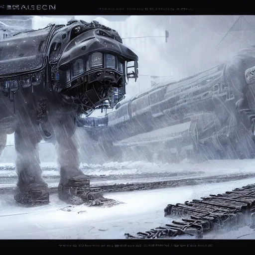 Image similar to an intricate futuristic black steam train and a giant mammoth, post - apocalyptic ice landscape in snowstorm, concept art, artstation, highly detailed, digital art