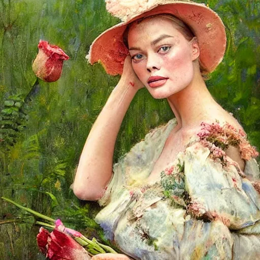 Image similar to happy very thick paint brush strokes paint texture full body fashion model very worn out very rusty margot robbie by Jeremy Lipking by Hasui Kawase by Richard Schmid (((smokey eyes makeup eye shadow fantasy, glow, shimmer as victorian woman in a long white frilly lace dress and a large white hat having tea in a sunroom filled with flowers, roses and lush fern flowers ,intricate, night, highly detailed, dramatic lighting))) , high quality