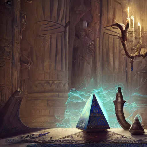 Image similar to fantasy movie scene greg rutkowski digital painting of an ornate and royal egyptian old twisted ornate runed wooden staff weapon with a blue crystal at it's tip laying on a stone altar, unreal engine, hyper realism, realistic shading, cinematic composition, blender render, octane render, hdr, detailed textures, photorealistic, 3 5 mm film