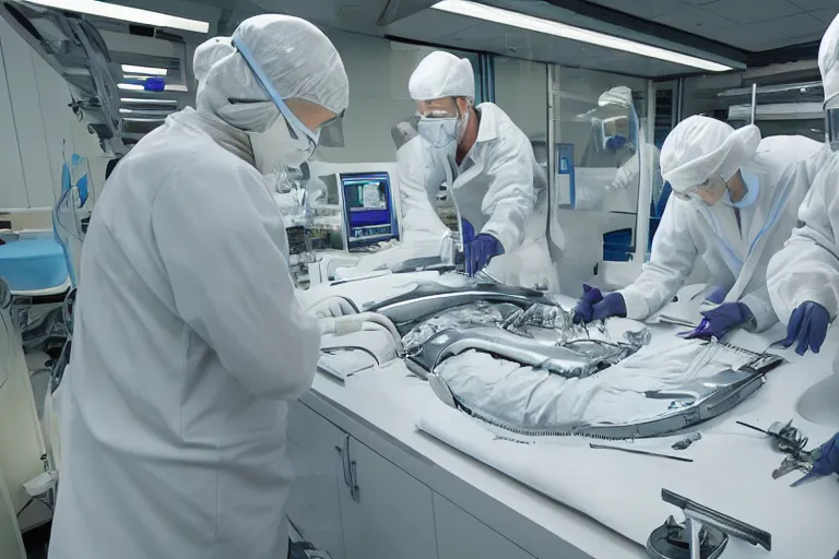 Image similar to alien species autopsy in a cleanroom covered in alien diagrams