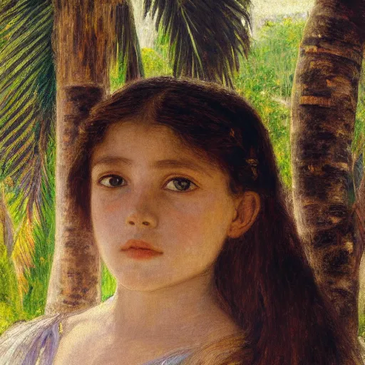 Image similar to a ultradetailed beautiful painting of a girl in the amazonas palace balustrade designed by jules bastien - lepage, tarsila do amaral, frank weston and gustave baumann, beach, trending on artstation, mediterranean, palm trees, hyper detailed face, sharp focus, soft light, 8 k 4 k