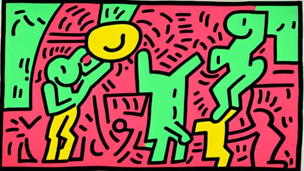 Prompt: A decent young girl portrait by Keith Haring.