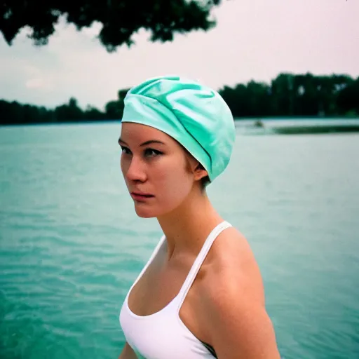 Image similar to a film photography of a woman slender, wearing a mint green one-piece swimsuit, wearing a white shower cap, sitting on a wood dock, low angle 50mm close shot, Kodak Portra film 800, Leica M6 film camera, light film grain, depth of field