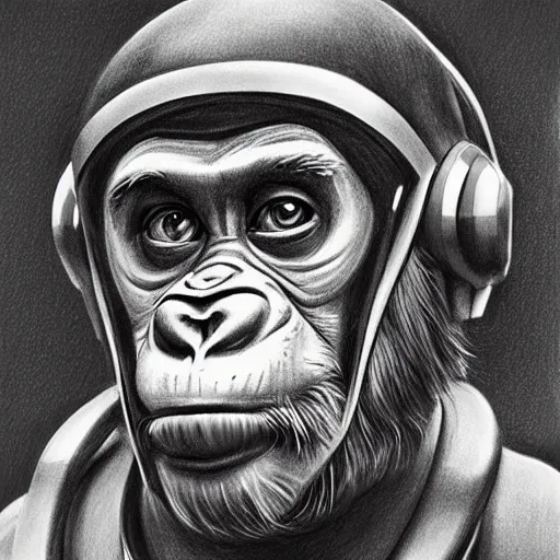 Prompt: pencil art, realistic self portrait, astronaut a and two chimpanzees, style of george lucas.